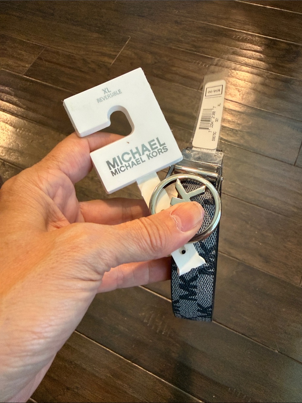 NWT Michael Kors Women’s Black & Gray MK Logo Reversible Belt with Silver Buckle